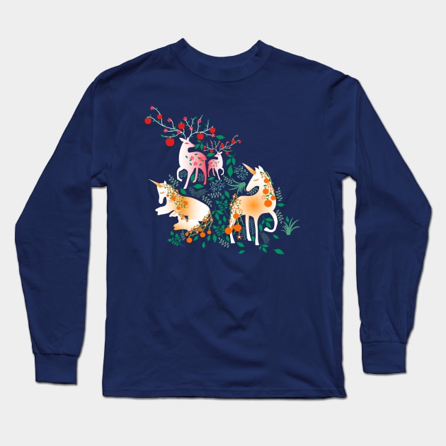 Once Upon a Time- Mystical Woodland with Apple Deers and Orange Unicorns Long Sleeve T-Shirt by Winkeltriple